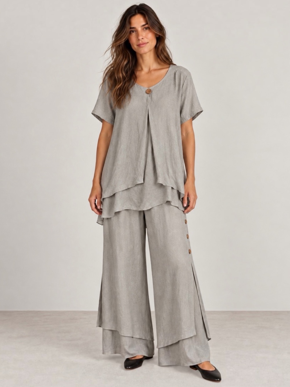 Casa Donna XL Linen Rayon 2-Piece Waterfall Tunic Layered Pants Lagenlook
